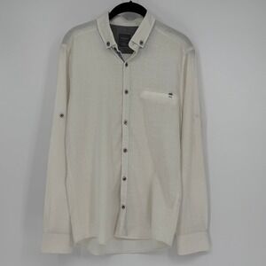 Manche Basic Mens Slim Fit Linen Blend Button Down Shirt Off White Cream Medium